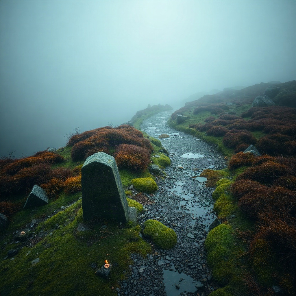 Misty lowland trail at dusk