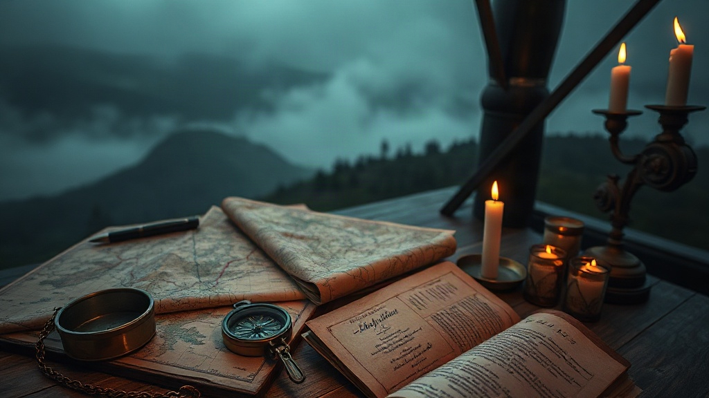 Antique expedition map with compass and journal
